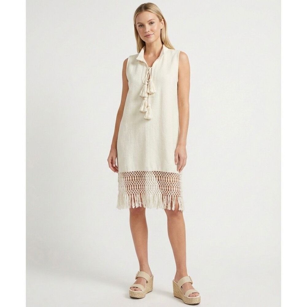 Jaline Cream Macrame Fringe Tassel Coverup Dress Small Boho Coastal Vacation NWT